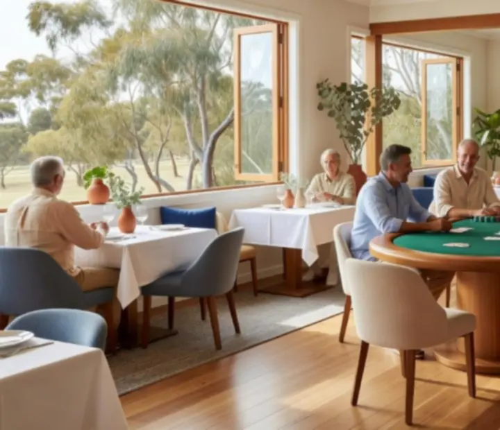 Sunlit Australian card lounge with timber furniture and poker tables
