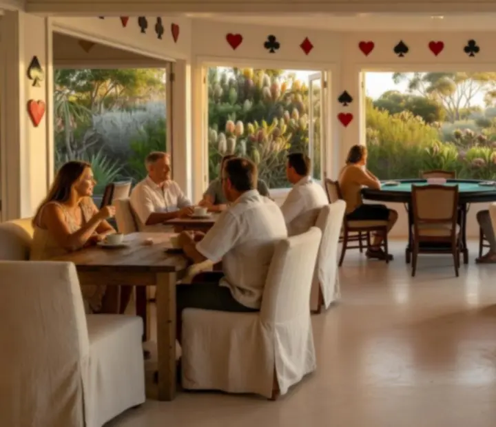 Sunlit Australian Card Lounge with timber tables and poker setup