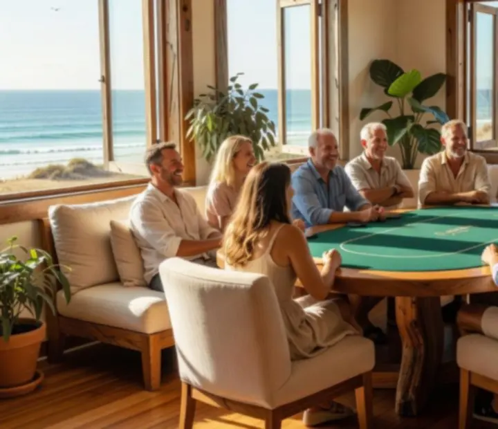 Sunlit card lounge with timber poker tables, linen seating and coastal Australian light