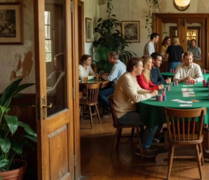 View from the restaurant through timber-framed doors into the Card Lounge with poker tables and guests
