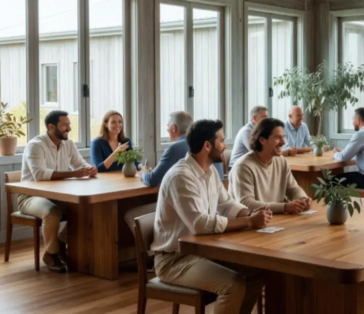 Coastal Australian card lounge with timber tables and guests gathered for social poker