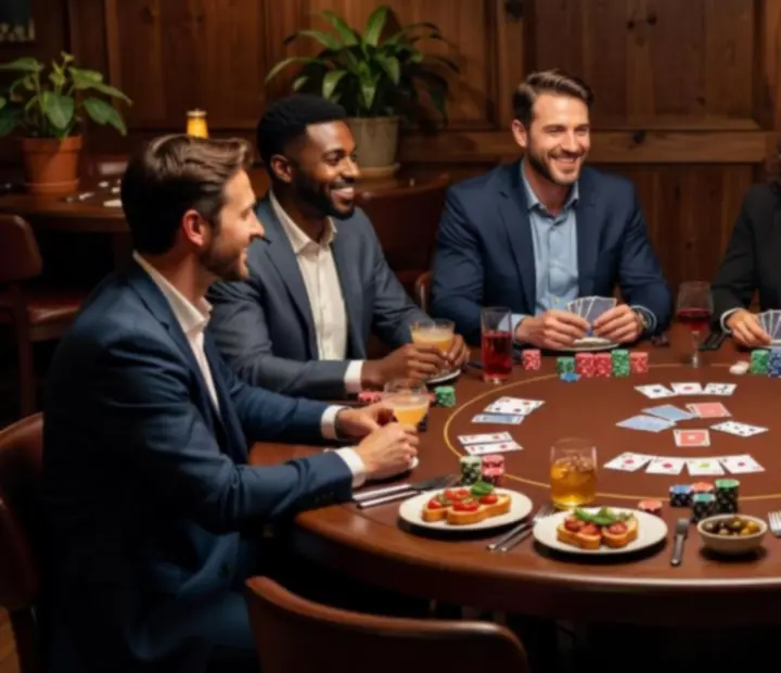 Guests gathered around a poker table with green felt, cards and chips in a sunlit lounge