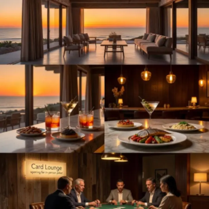 Series of images showing a day-to-night restaurant and card lounge experience