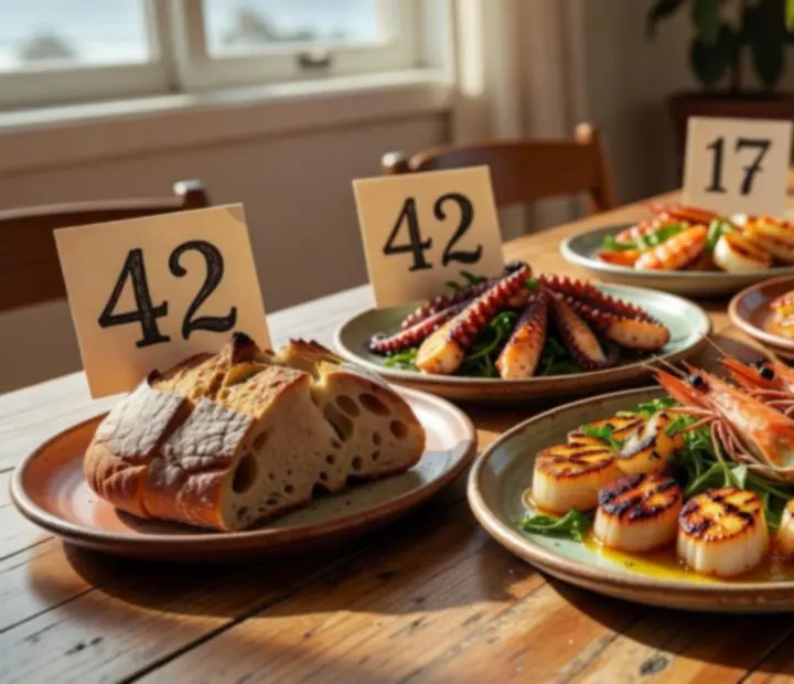 Editorial-style food photography of seafood and grilled dishes on sunlit ceramics