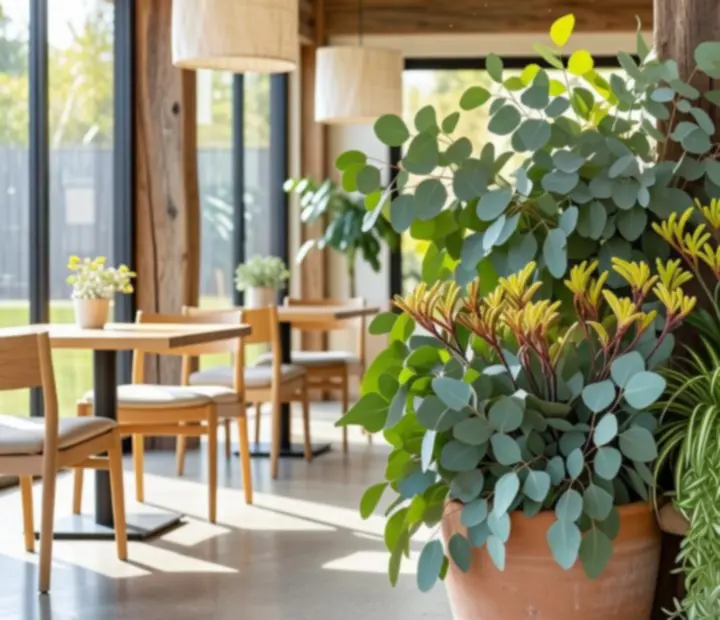 Restaurant interior with eucalyptus greenery, linen and timber