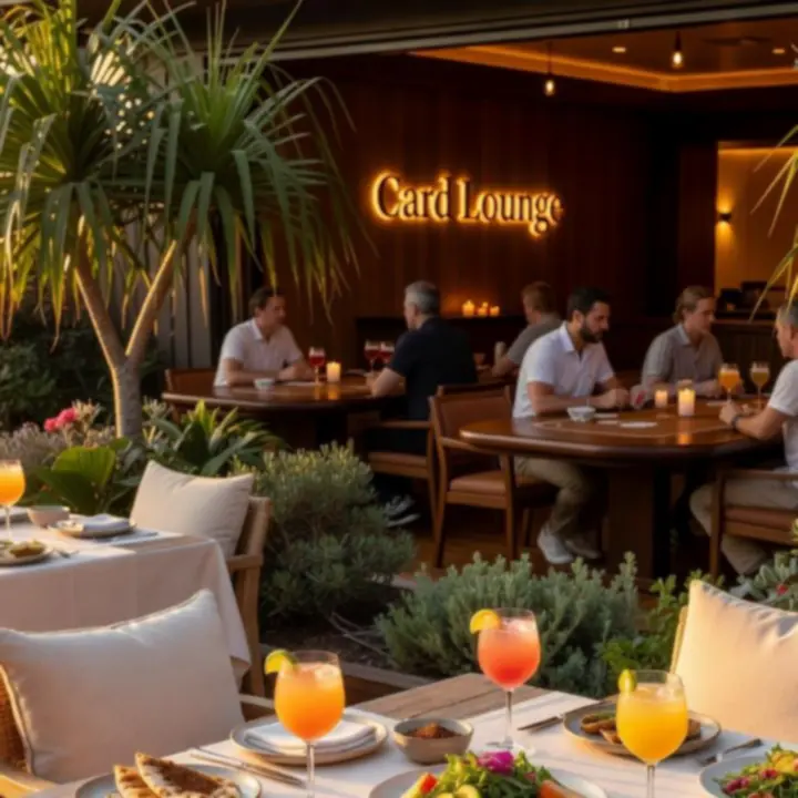 Editorial collage from cocktails to dinner to poker tables in a bright Australian coastal venue.