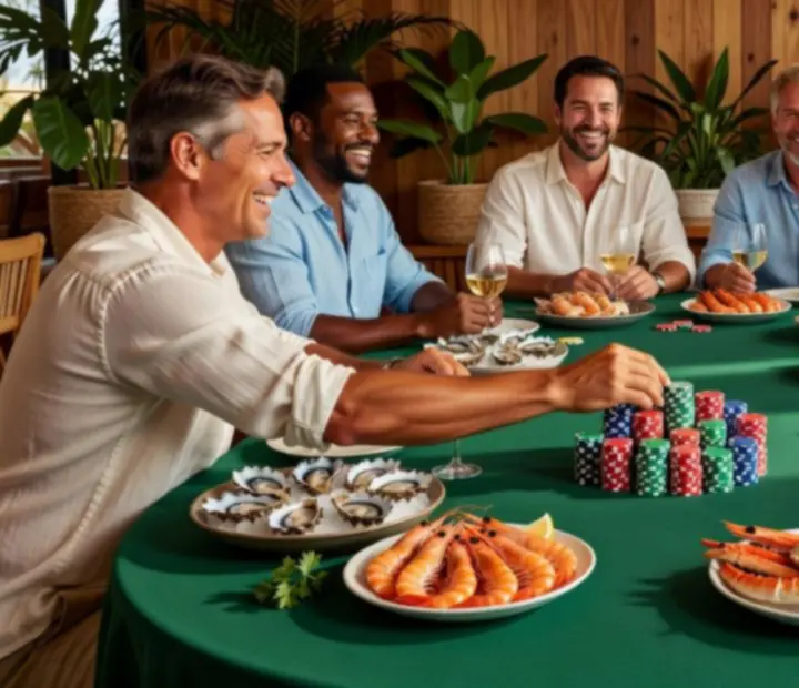 Gallery of coastal poker events with bright interiors, seasonal dishes, and guests around poker tables.