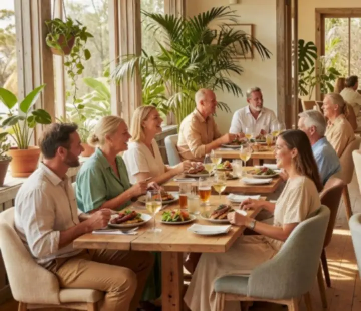 Sunlit Australian restaurant interior with an open Card Lounge and guests gathered around a green felt poker table.