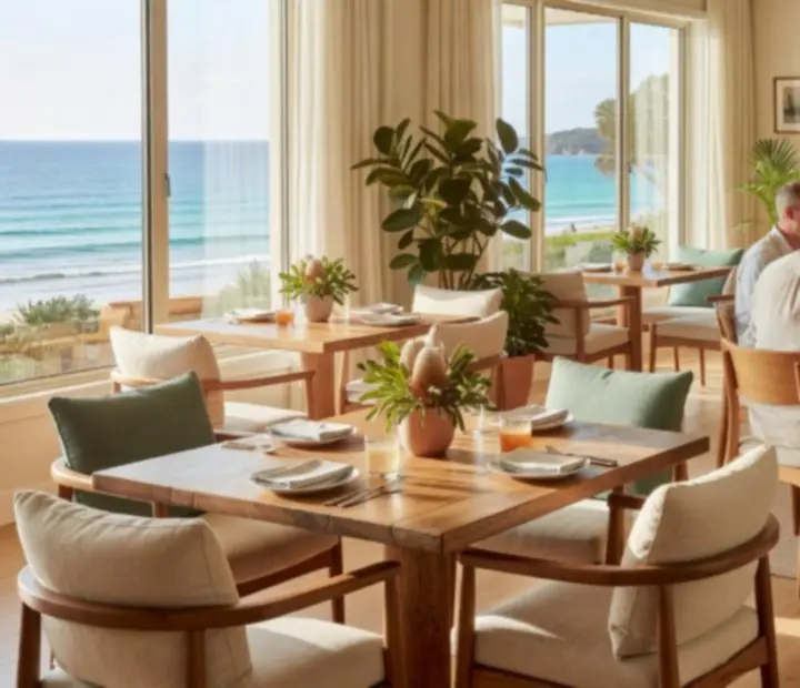 Sunlit Australian restaurant with open windows, timber furniture and a visible poker salon in the background