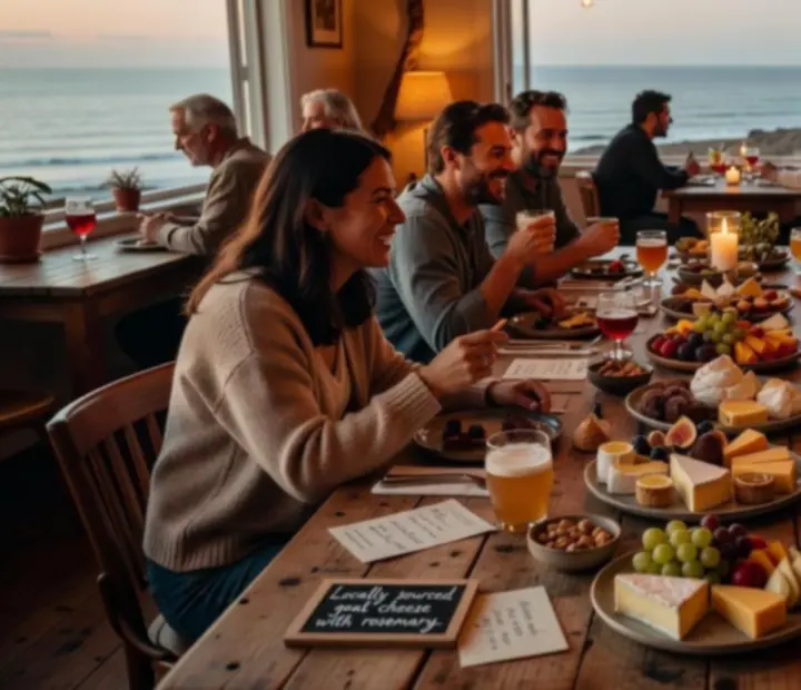 Late-night shared food platters with cheese, fruit and desserts on a timber table.