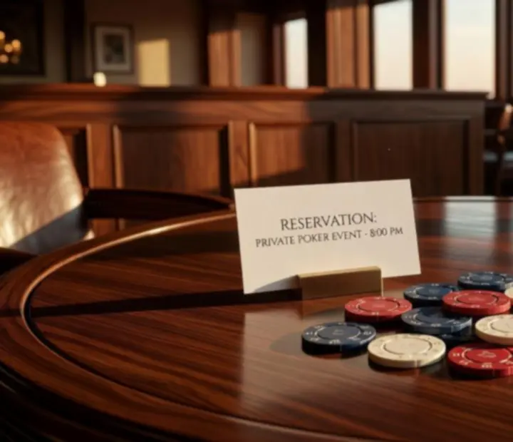 Dark timber poker table prepared for a lounge booking with cards and chips neatly arranged