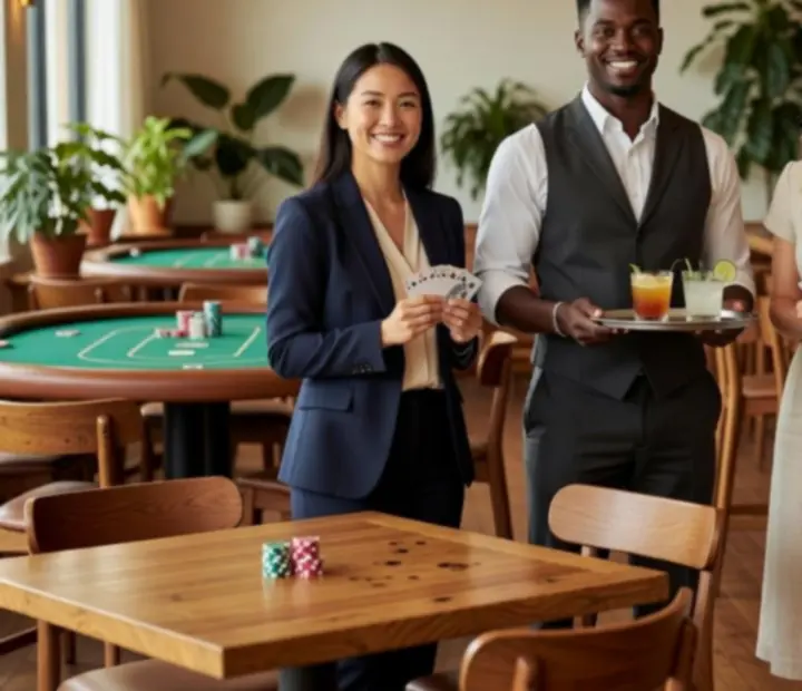 Host team standing in a bright coastal poker lounge