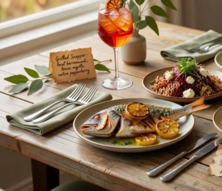 Modern Australian lounge dishes and cocktails arranged beside playing cards
