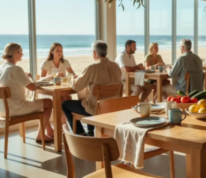 Bright lunchtime interior with timber tables, linen and greenery in a coastal Australian restaurant.