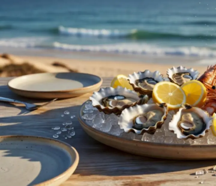 Ocean seafood plate with oysters, prawns and reef fish