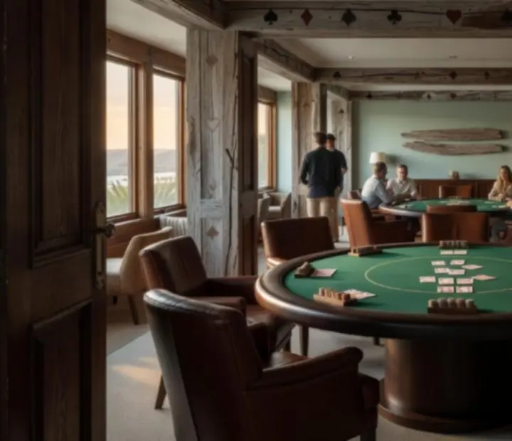 Open card lounge interior with timber details and green-felt poker tables in a bright coastal venue.