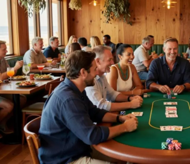 Friendly players seated at a poker table in a bright coastal card lounge, with food and drinks on timber side tables.