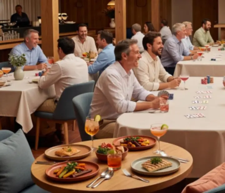 Guests at a coastal poker salon enjoying social poker and drinks around a timber table