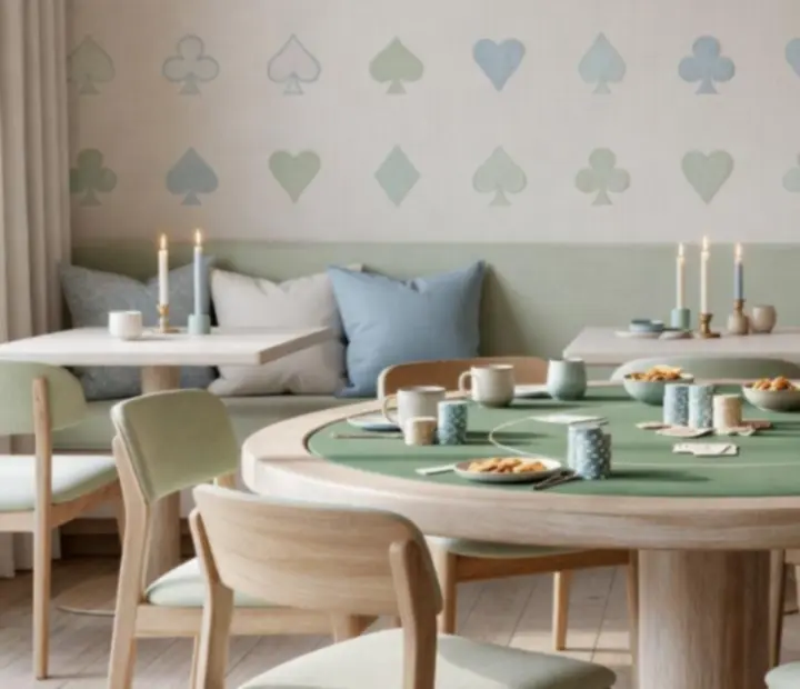 Poker salon interior with green felt tables, ceramic details and subtle card-suit motifs
