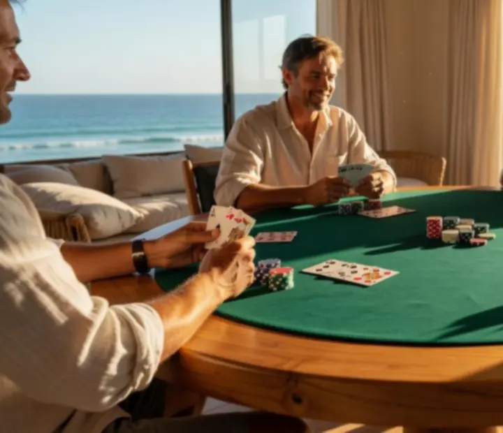 Coastal card lounge with green-felt poker tables in soft Australian sunlight