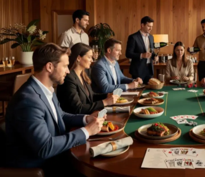 Private poker event in a bright timber card lounge, with guests enjoying food and drinks beside a green felt poker table.