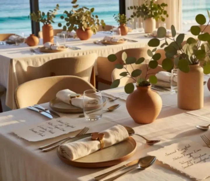Private event table styling with linen, ceramics and eucalyptus greenery in a coastal Australian restaurant