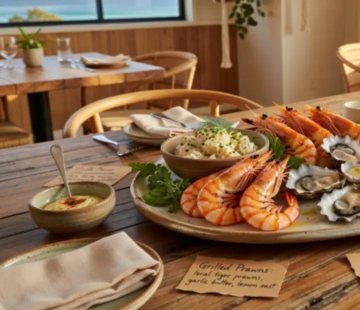 Shared Australian seafood platter served on ice in a coastal restaurant