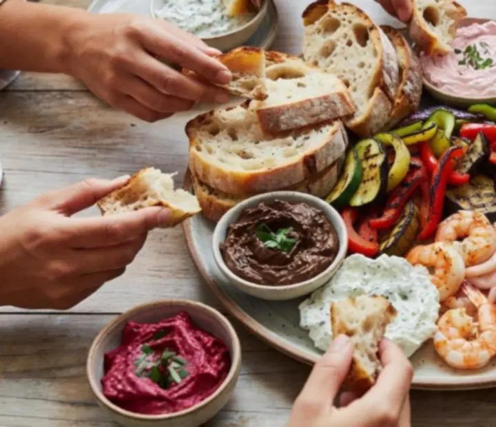 Shared plates on ceramic platters with breads and dips on a timber restaurant table