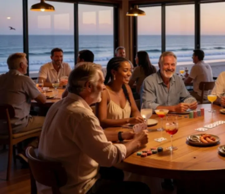 Group of people enjoying a social poker event in a bright restaurant