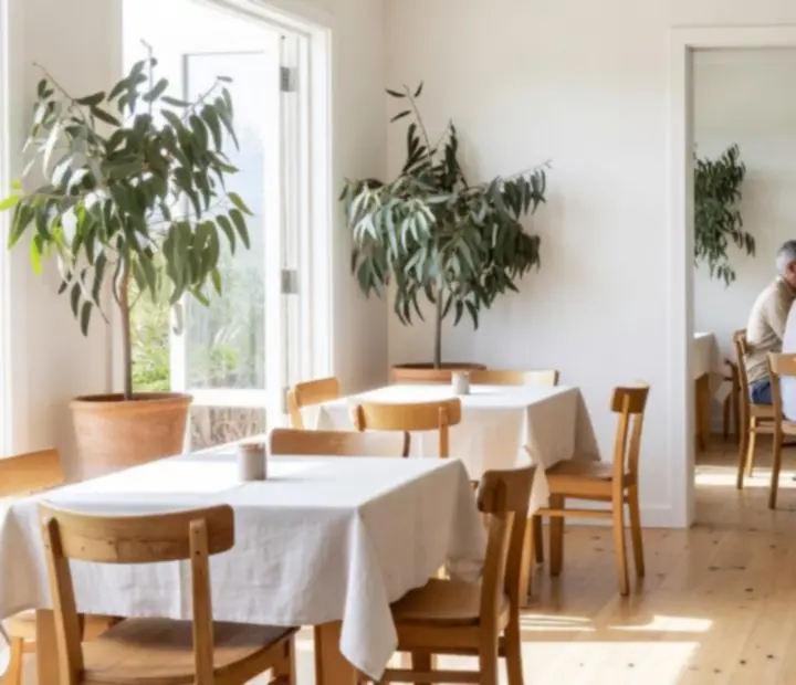 Sunlit Australian restaurant interior with open windows, timber furniture and greenery leading toward a card lounge.
