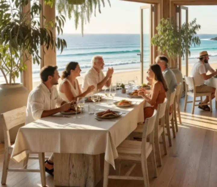 Sunlit Australian restaurant interior with open windows, timber tables and greenery leading towards a card lounge
