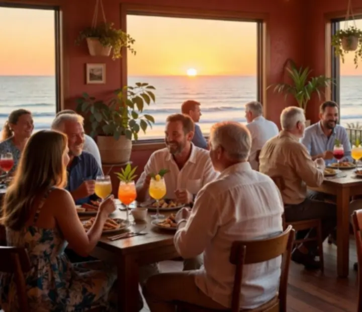 Sunset cocktail hour with Australian drinks and terracotta accents in a bright restaurant.