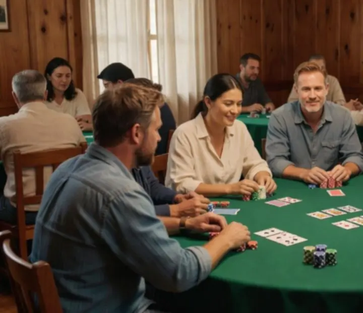 Texas Hold&rsquo;em in progress at a green-felt table with players gathered in a bright card lounge.